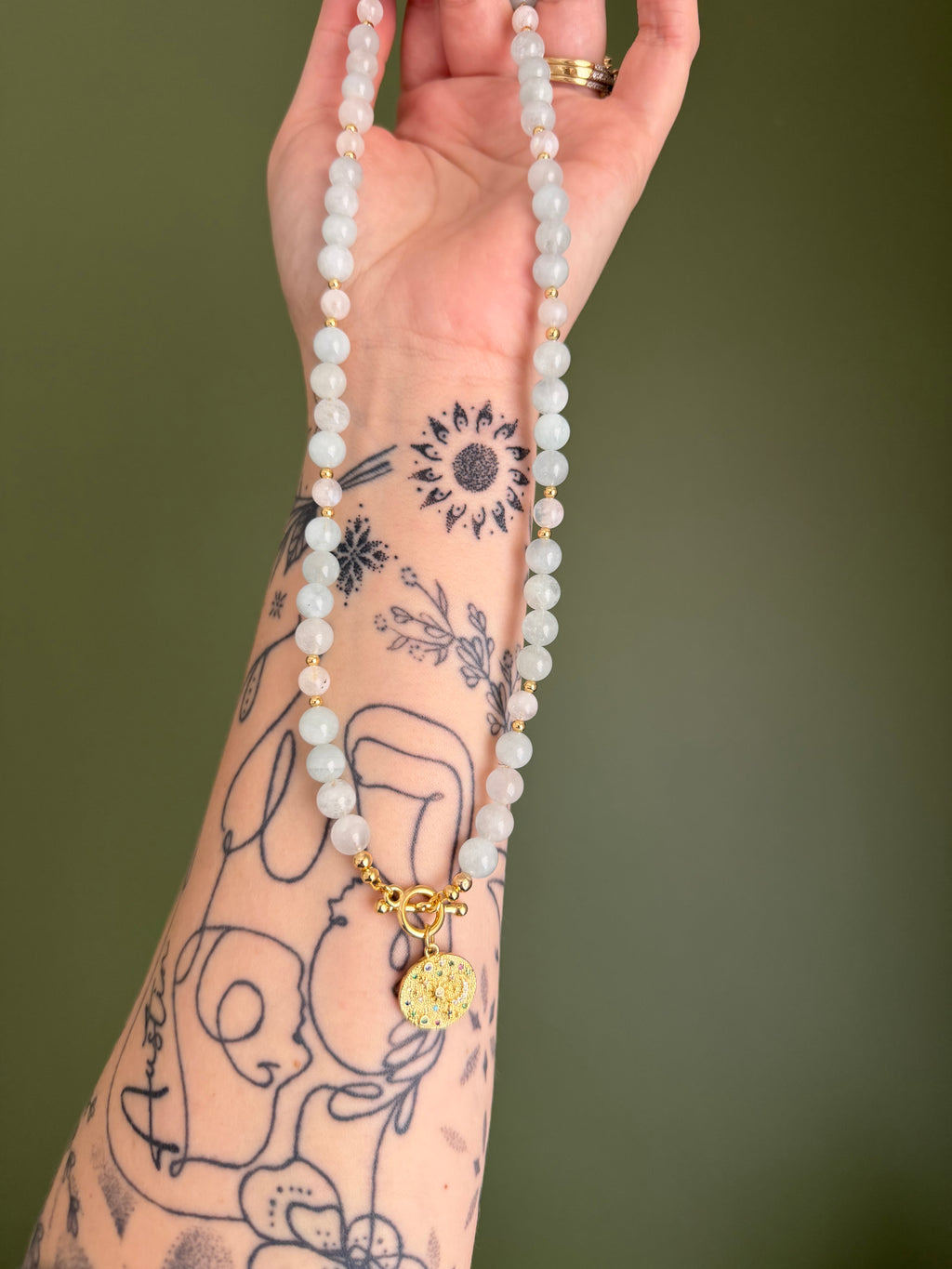 Aquamarine and rainbow moonstone necklace